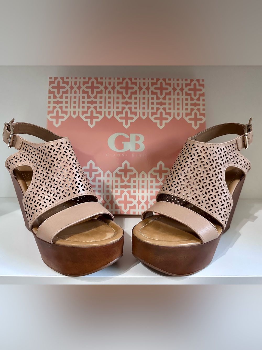 Gianni Bini Beige/Tan Perforated Wedge Sandals